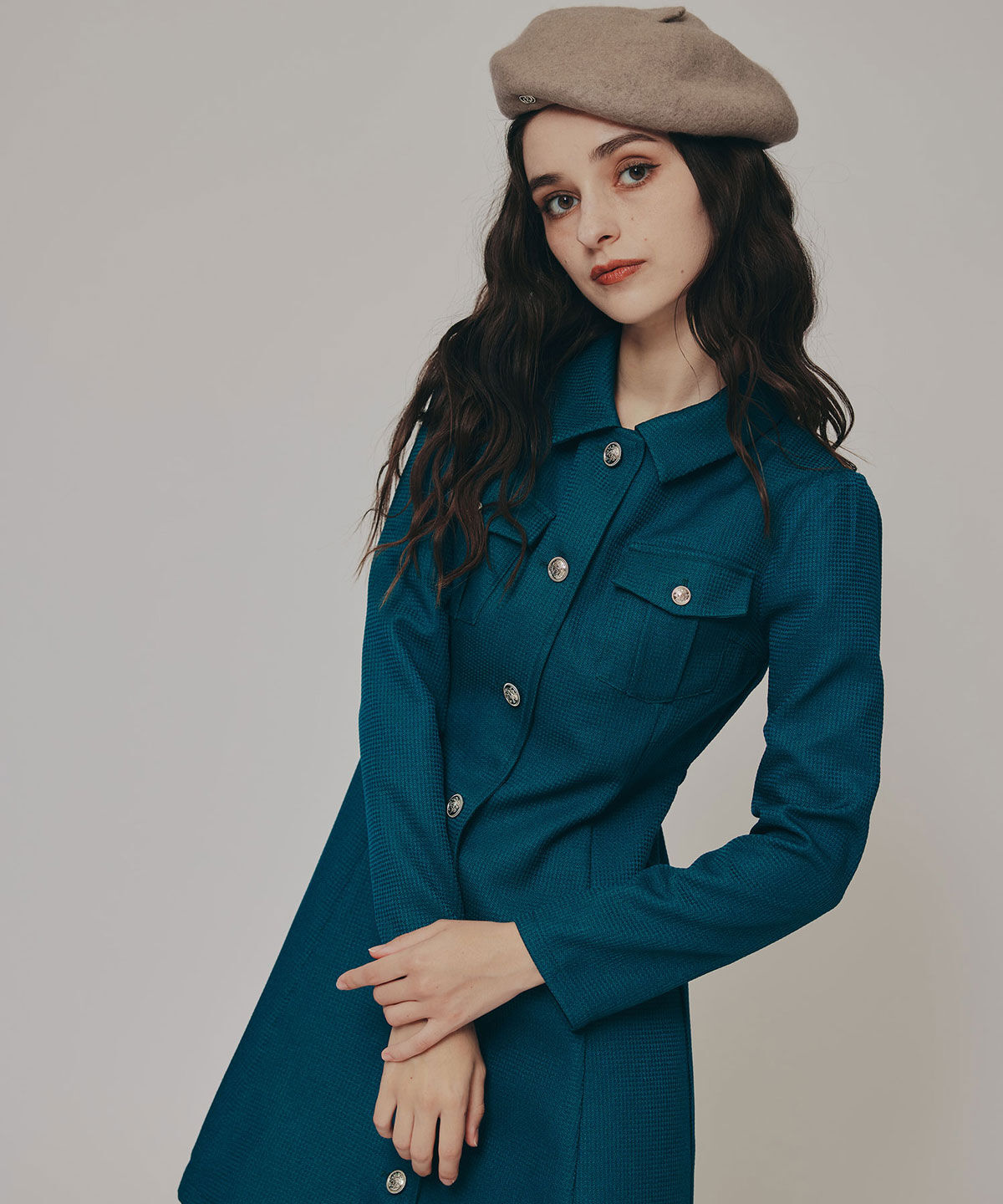 REDYAZEL「エンブレムボタンマイクロワッフルシャツワンピース」|ワンピース|グリーン