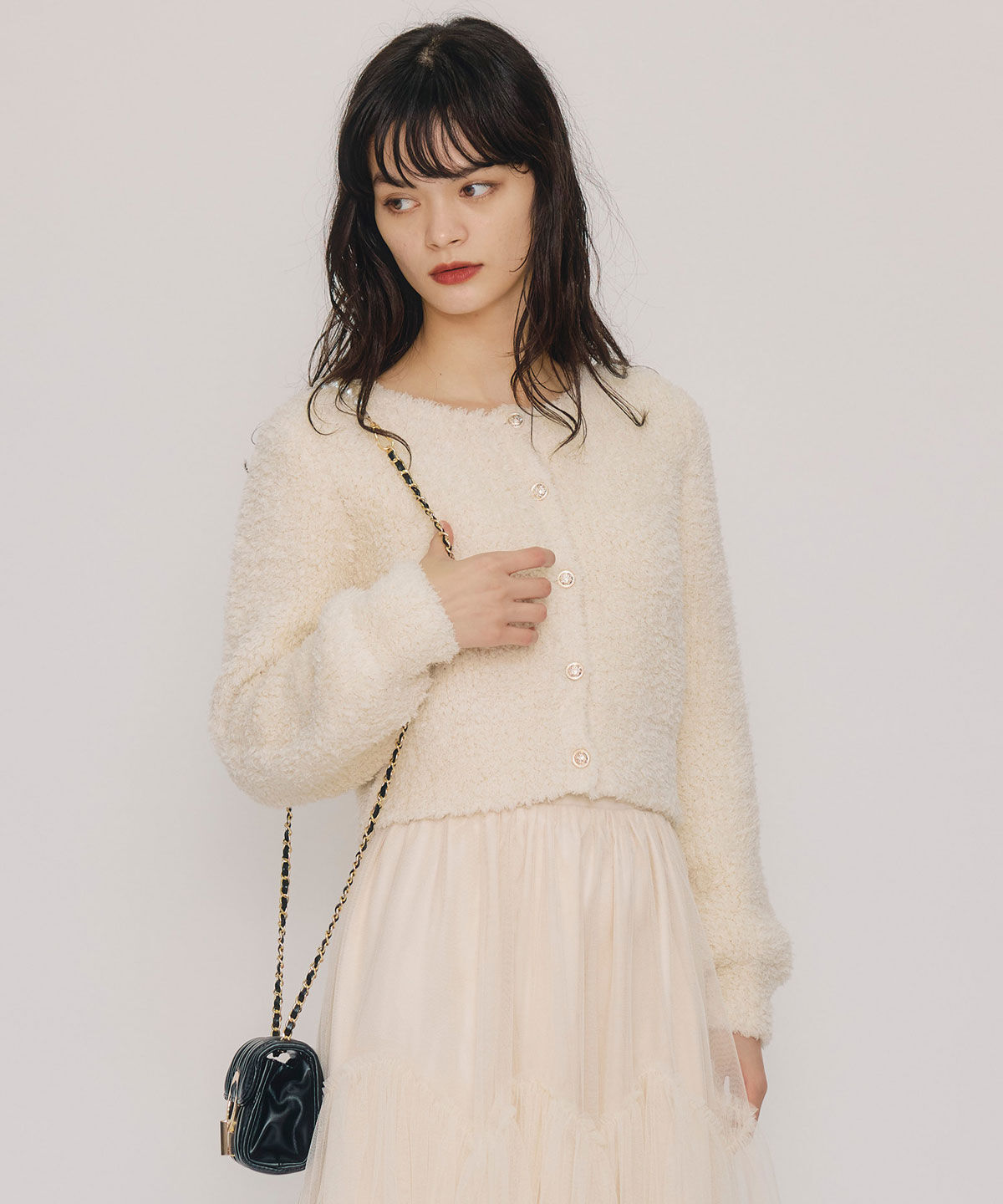 REDYAZEL「フラッフィブークレシャギーニットカーディガン」|カーディガン|