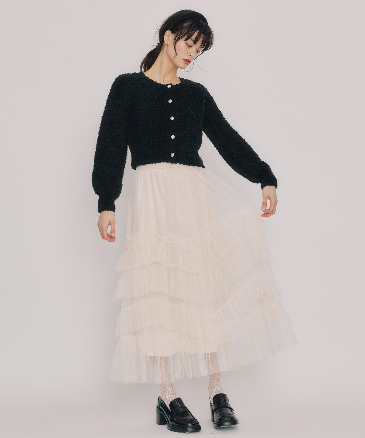 REDYAZEL「フラッフィブークレシャギーニットカーディガン」|カーディガン|