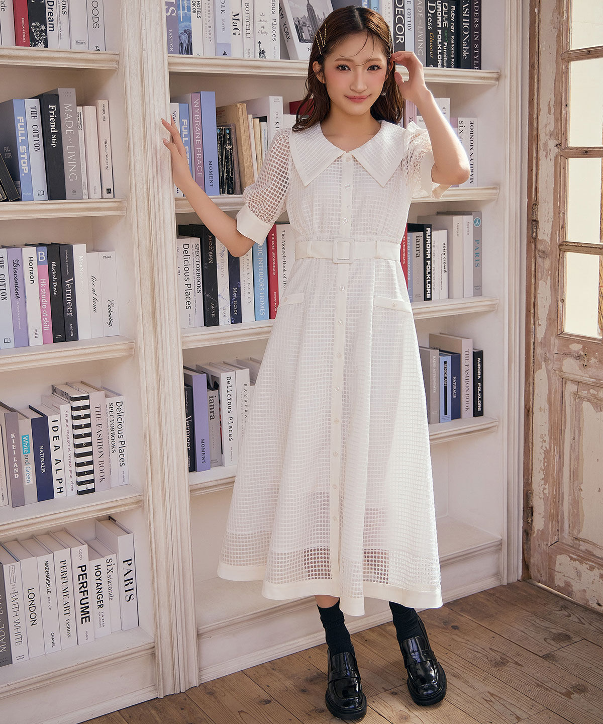 REDYAZEL「シアーチェックビッグカラーフレアロングワンピース」|ワンピース|オフ