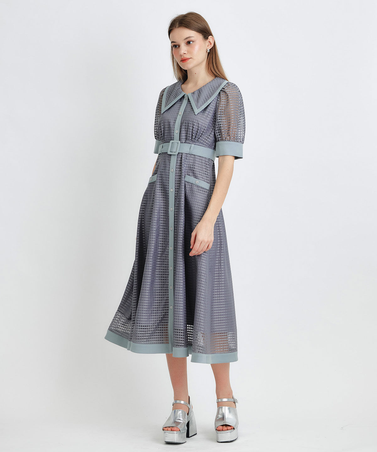 REDYAZEL「シアーチェックビッグカラーフレアロングワンピース」|ワンピース|