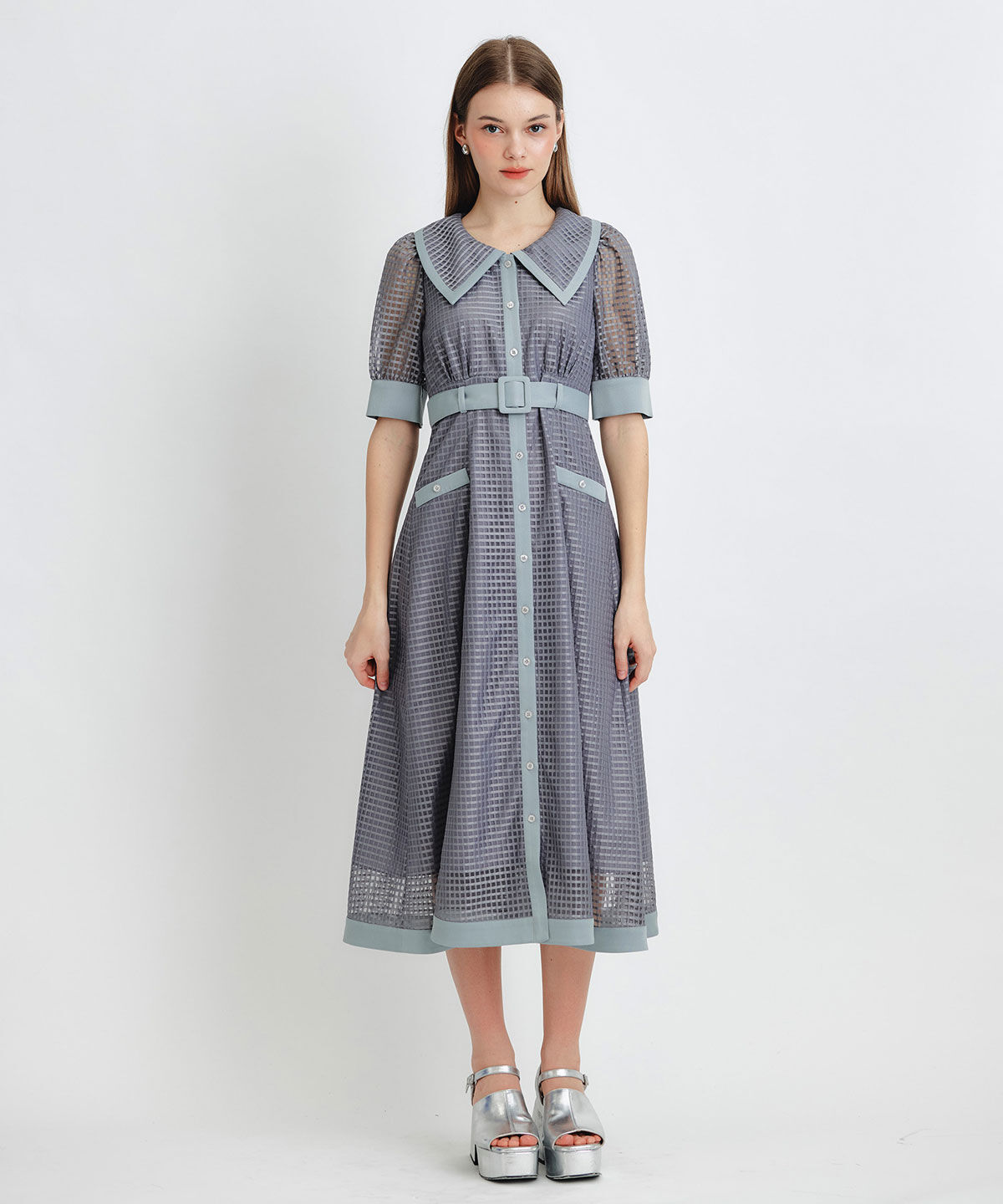 REDYAZEL「シアーチェックビッグカラーフレアロングワンピース」|ワンピース|