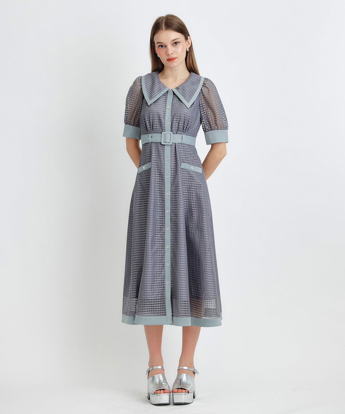 REDYAZEL「シアーチェックビッグカラーフレアロングワンピース」|ワンピース|