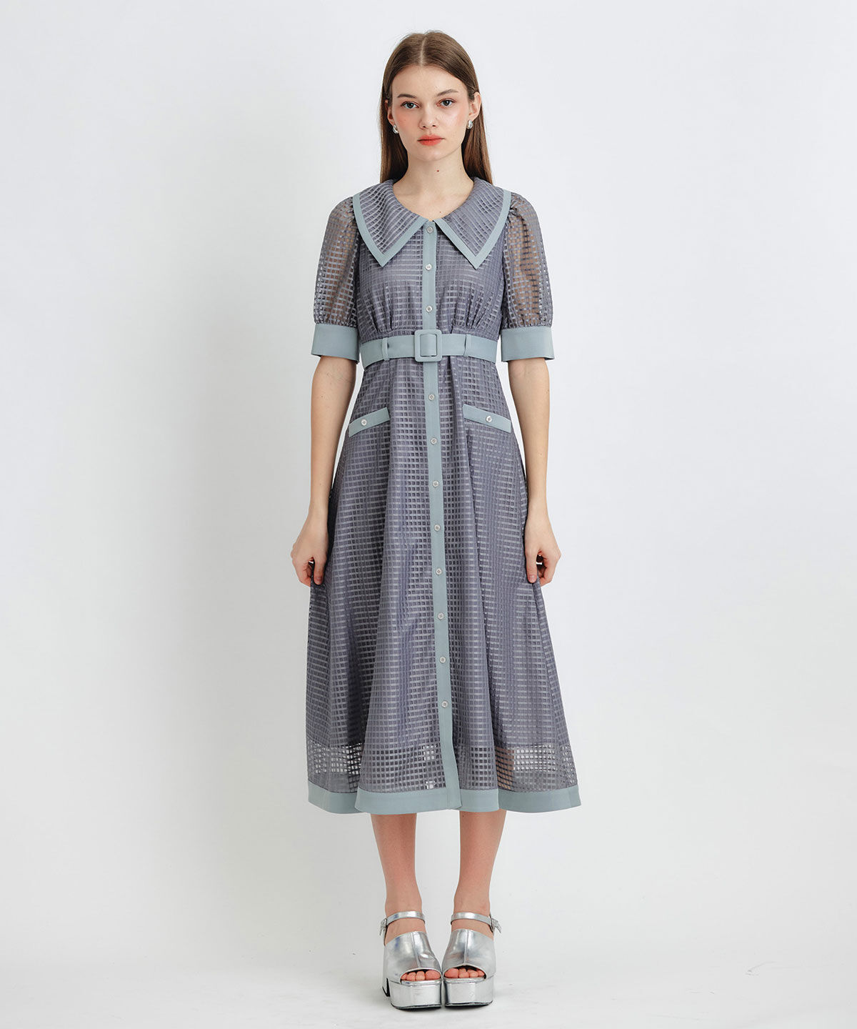 REDYAZEL「シアーチェックビッグカラーフレアロングワンピース」|ワンピース|