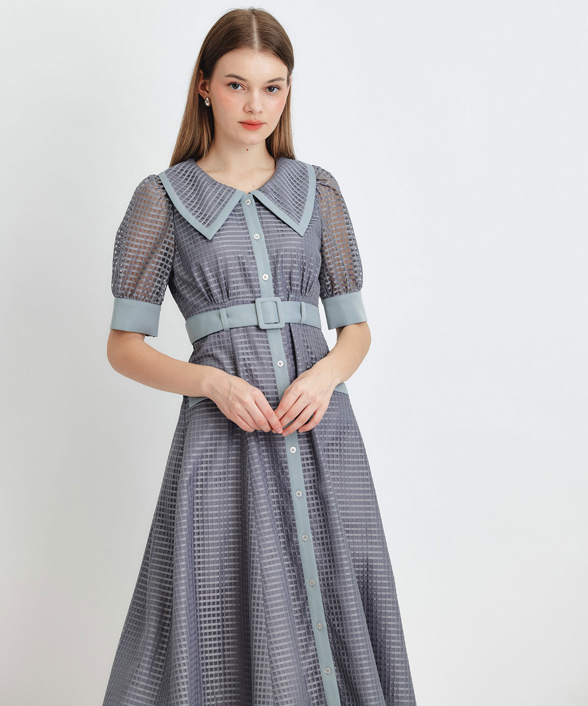 REDYAZEL「シアーチェックビッグカラーフレアロングワンピース」|ワンピース|