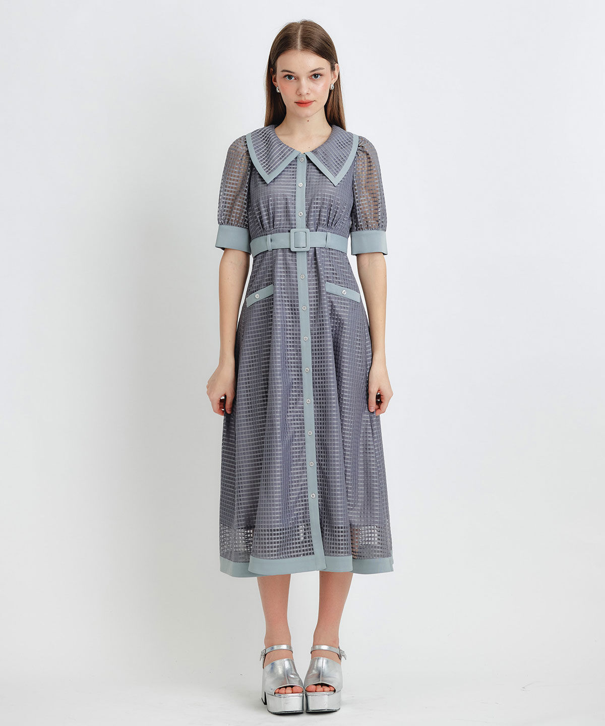 REDYAZEL「シアーチェックビッグカラーフレアロングワンピース」|ワンピース|