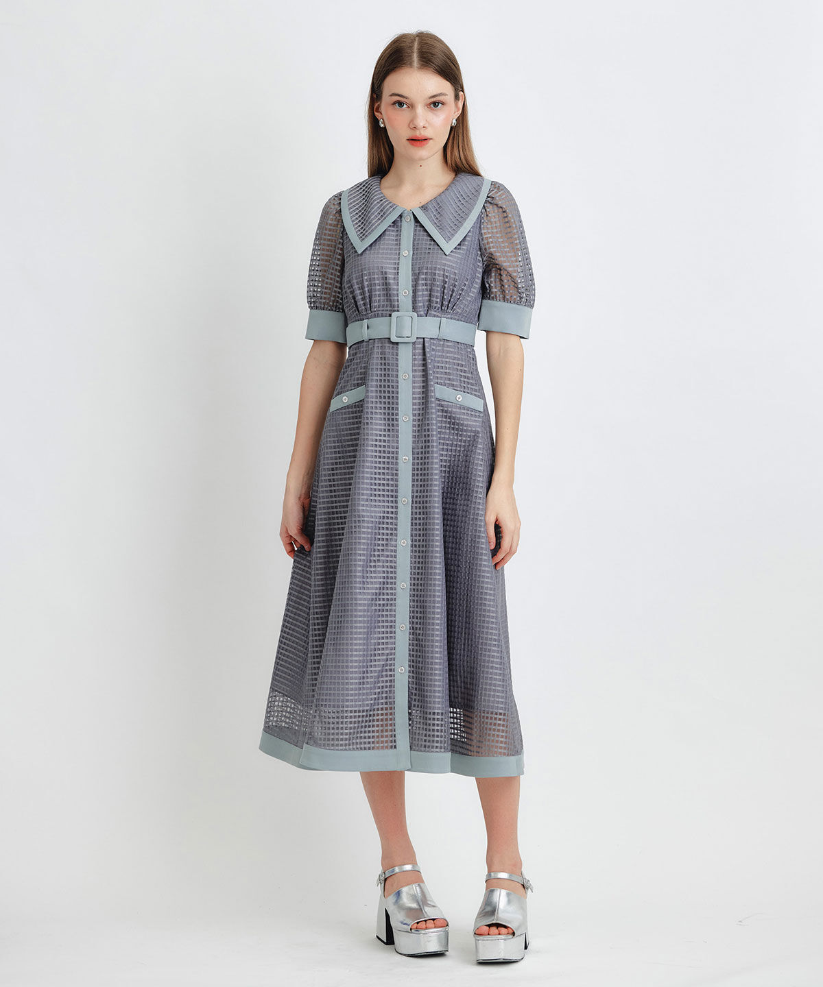 REDYAZEL「シアーチェックビッグカラーフレアロングワンピース」|ワンピース|