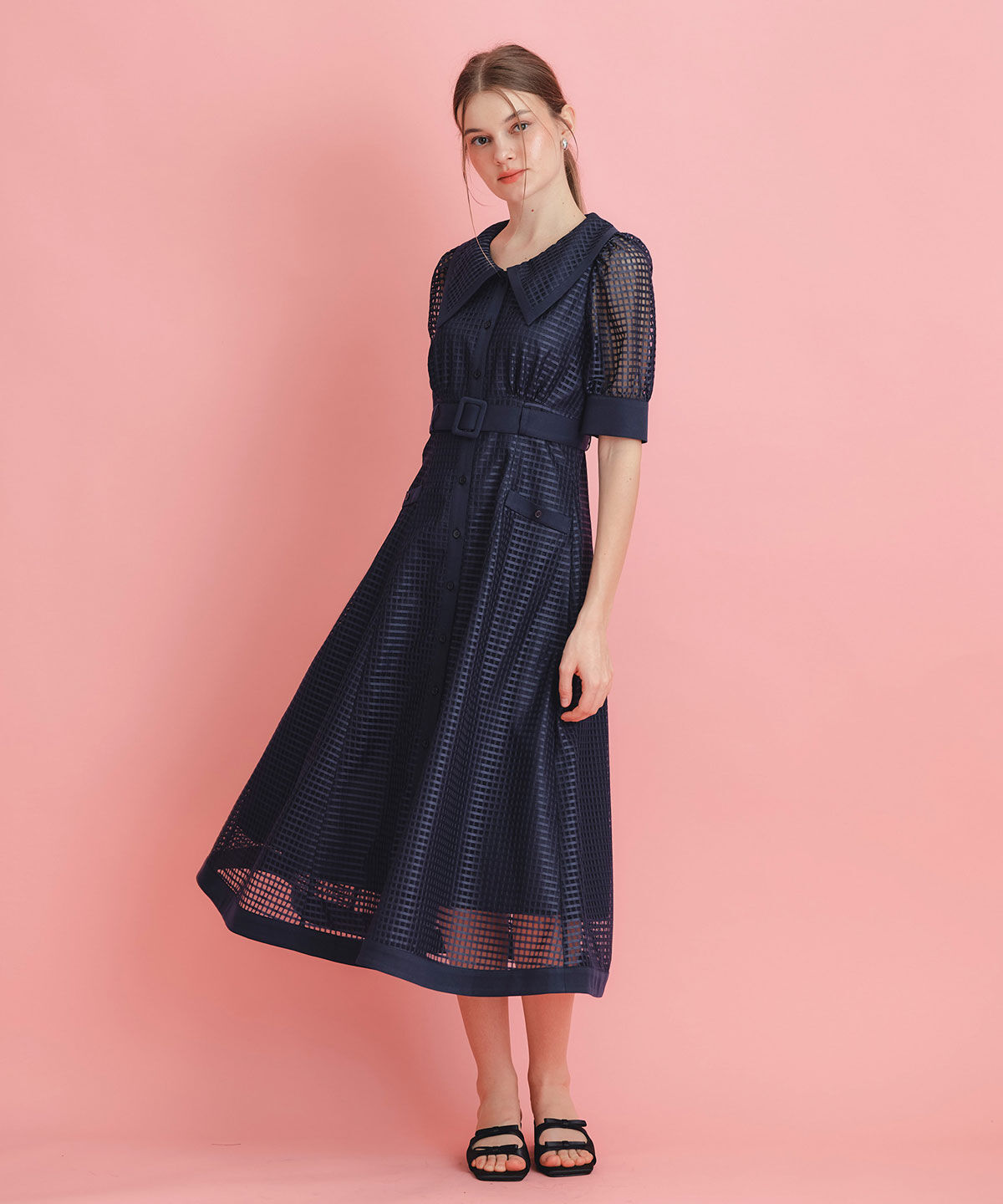 REDYAZEL「シアーチェックビッグカラーフレアロングワンピース」|ワンピース|