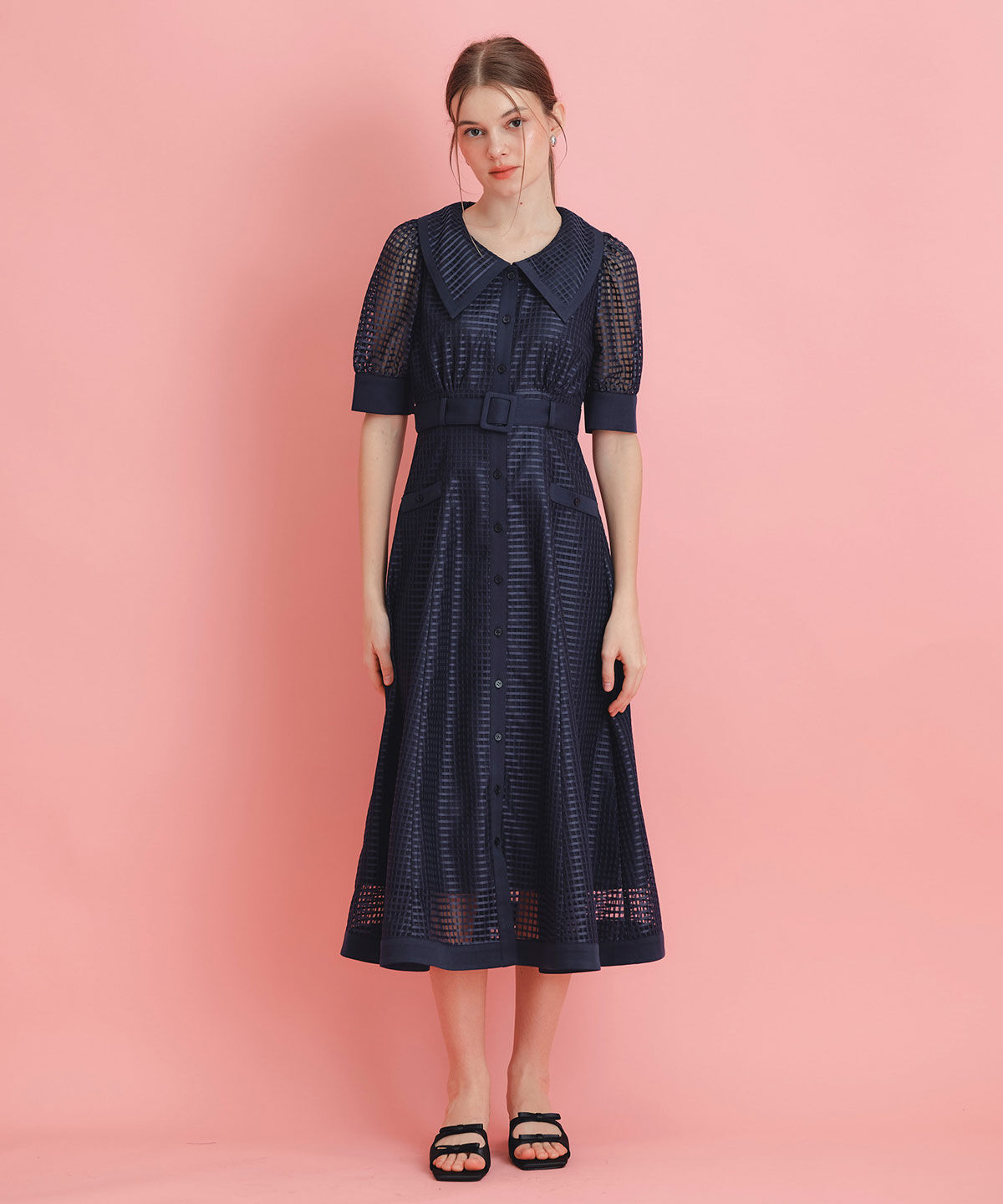 REDYAZEL「シアーチェックビッグカラーフレアロングワンピース」|ワンピース|