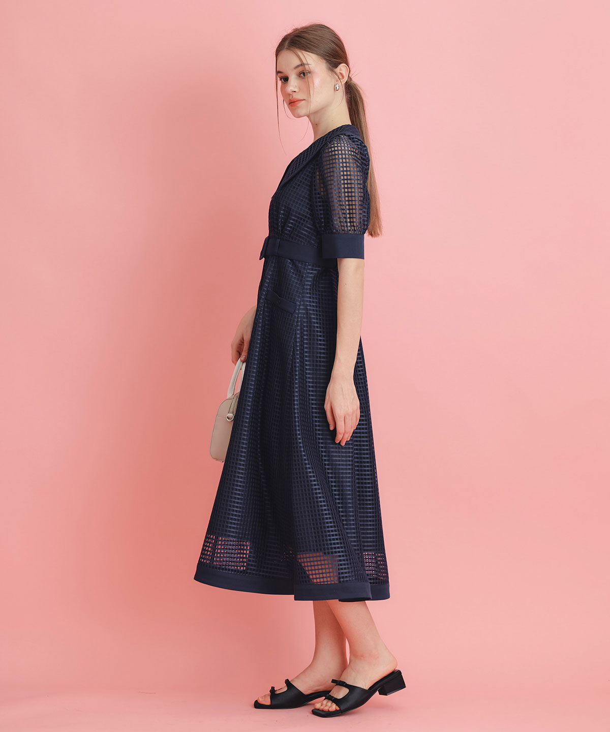 REDYAZEL「シアーチェックビッグカラーフレアロングワンピース」|ワンピース|