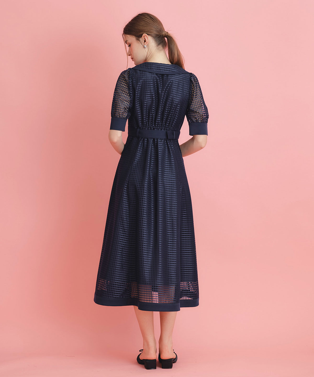 REDYAZEL「シアーチェックビッグカラーフレアロングワンピース」|ワンピース|