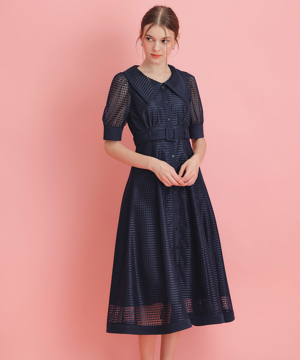 REDYAZEL「シアーチェックビッグカラーフレアロングワンピース」|ワンピース|