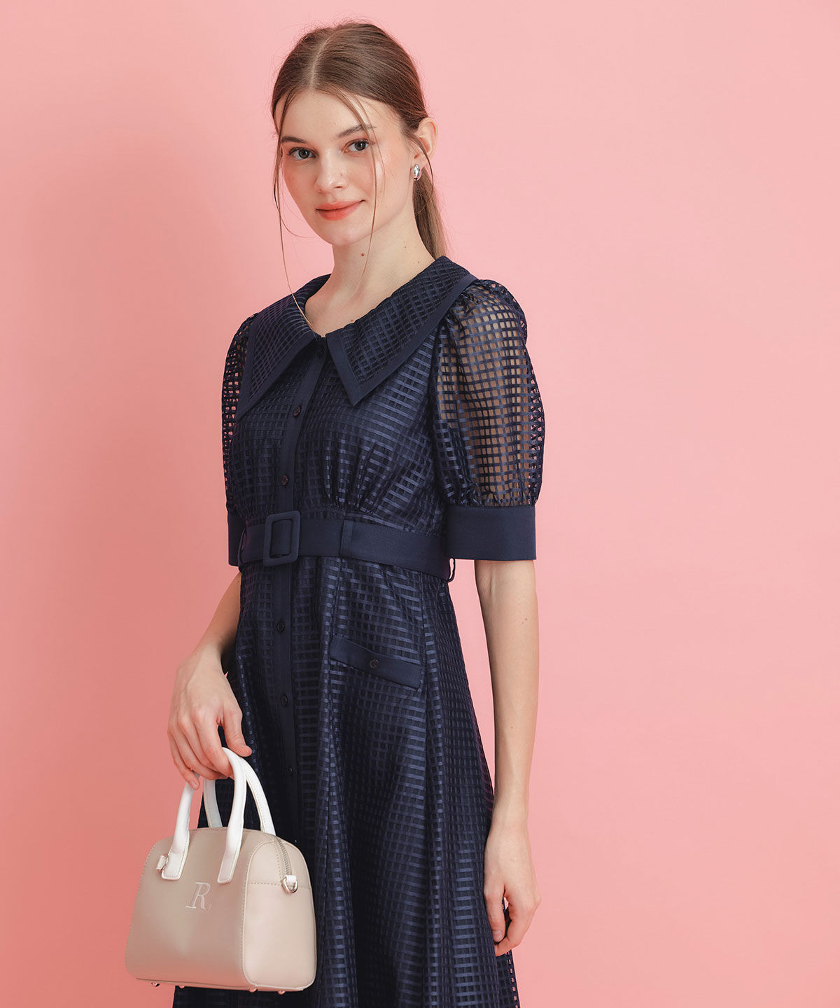 REDYAZEL「シアーチェックビッグカラーフレアロングワンピース」|ワンピース|