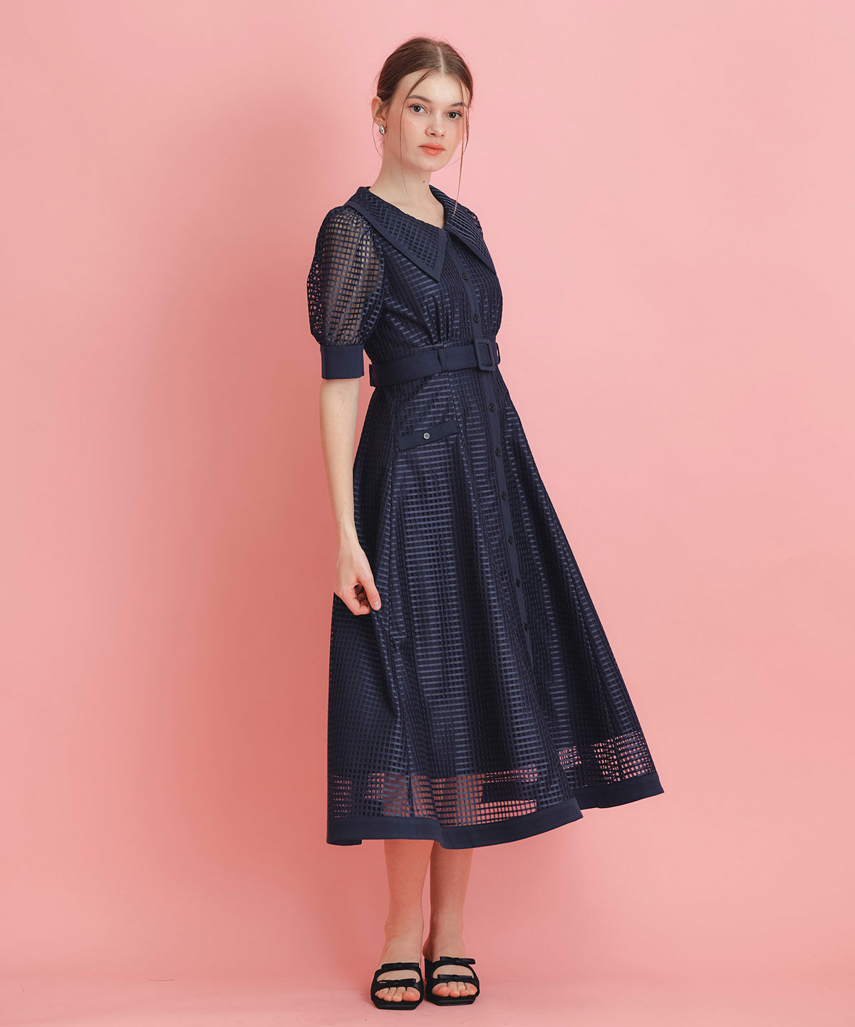 REDYAZEL「シアーチェックビッグカラーフレアロングワンピース」|ワンピース|