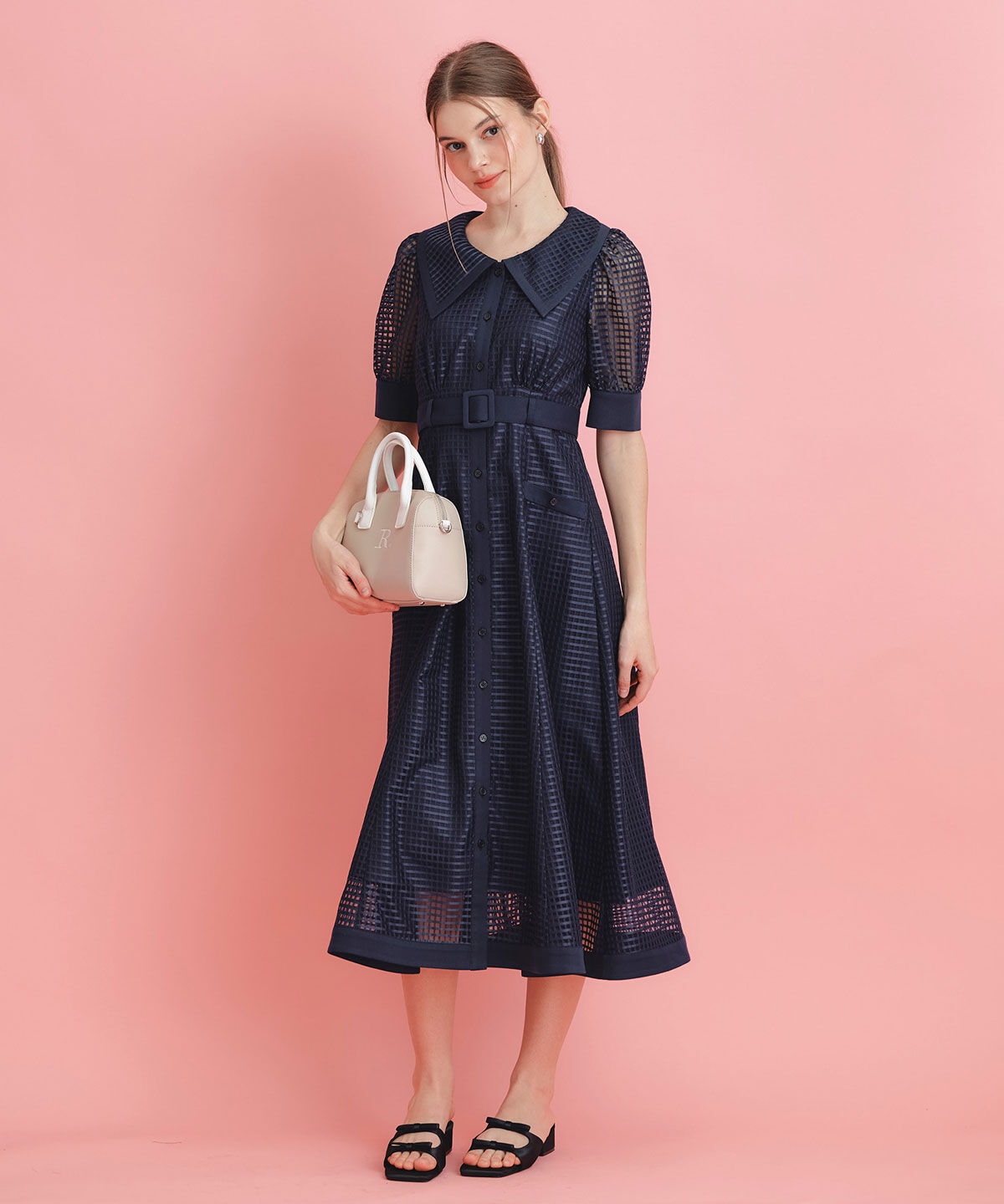 REDYAZEL「シアーチェックビッグカラーフレアロングワンピース」|ワンピース|