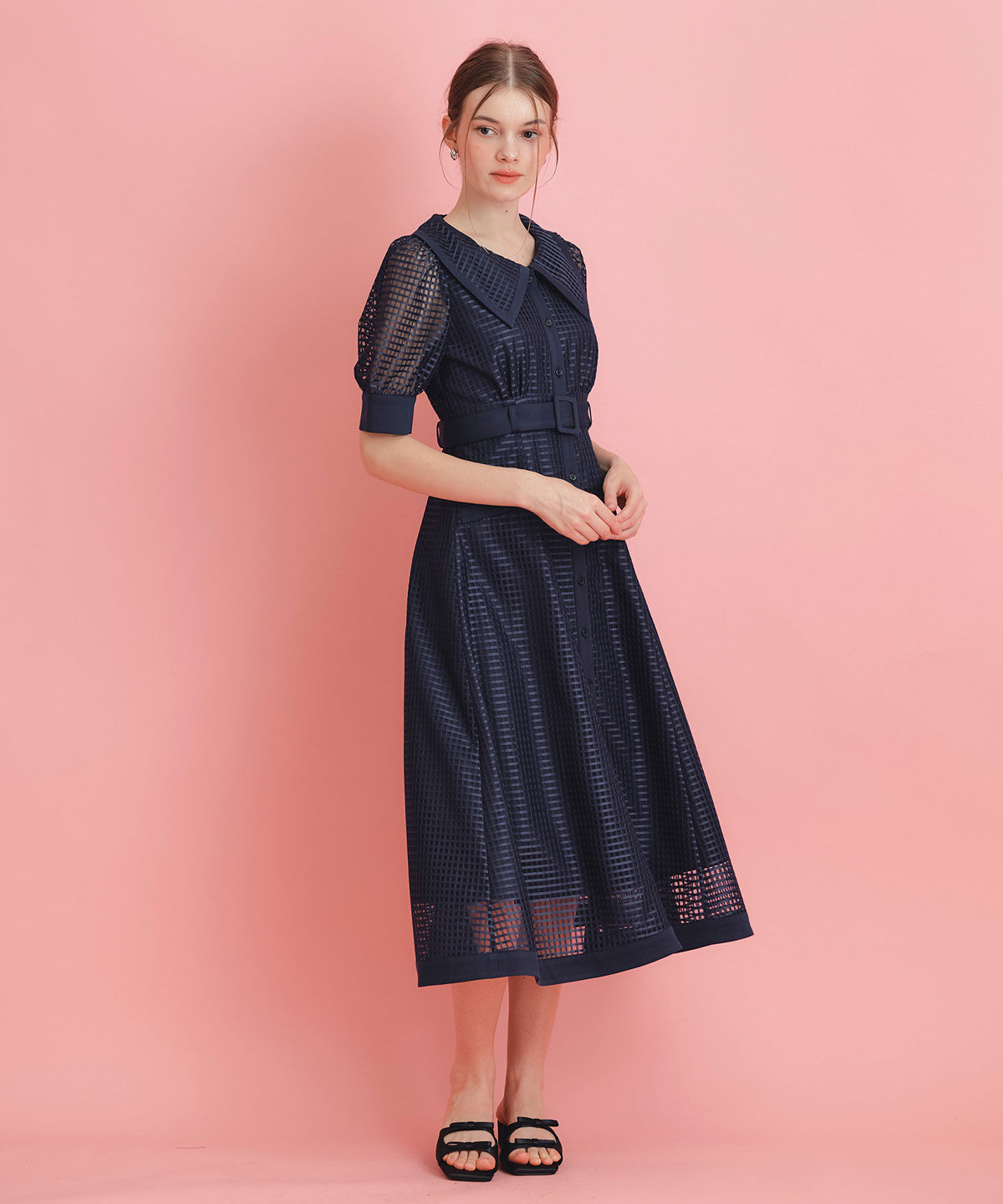 REDYAZEL「シアーチェックビッグカラーフレアロングワンピース」|ワンピース|