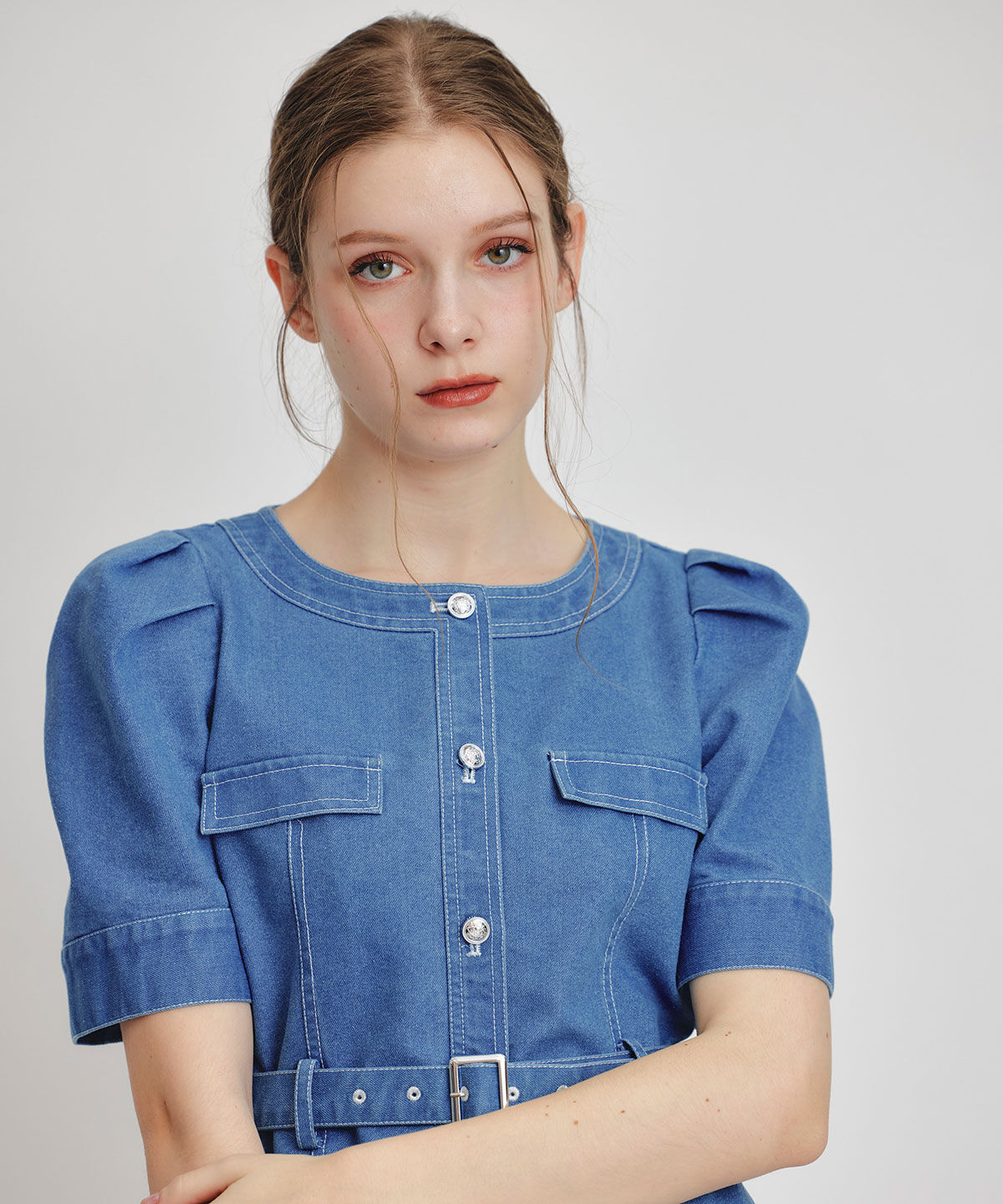 REDYAZEL「バイカラーステッチノーカラーデニムフレアミニワンピース」|ワンピース|