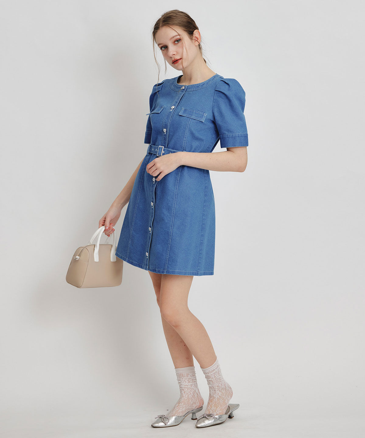 REDYAZEL「バイカラーステッチノーカラーデニムフレアミニワンピース」|ワンピース|