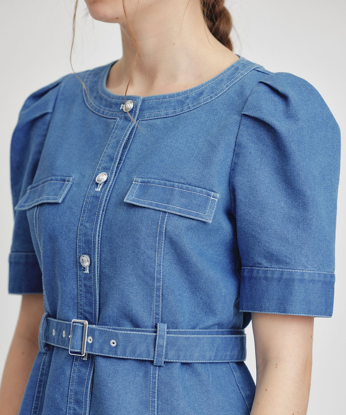 REDYAZEL「バイカラーステッチノーカラーデニムフレアミニワンピース」|ワンピース|