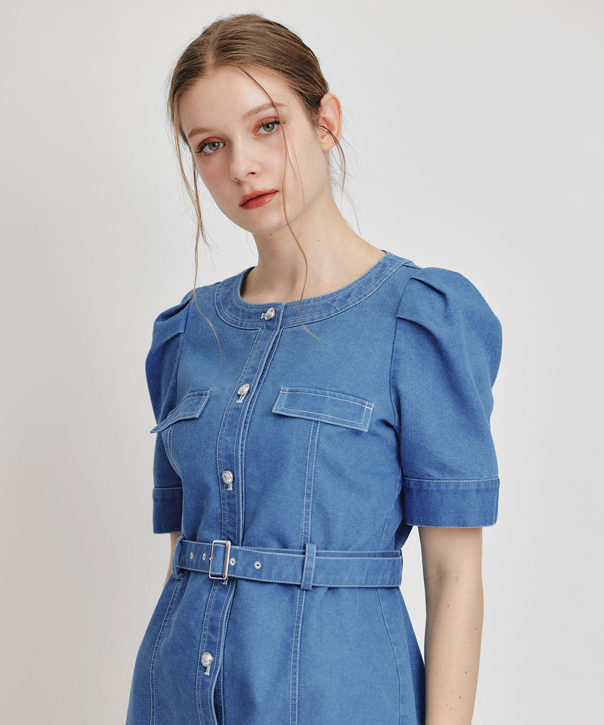 REDYAZEL「バイカラーステッチノーカラーデニムフレアミニワンピース」|ワンピース|