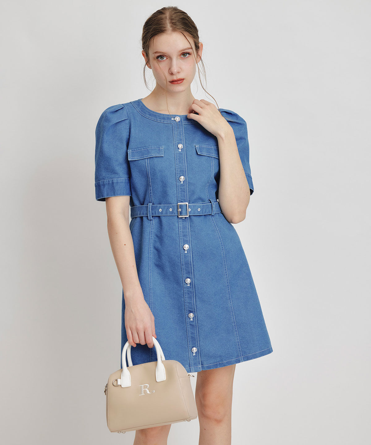 REDYAZEL「バイカラーステッチノーカラーデニムフレアミニワンピース」|ワンピース|