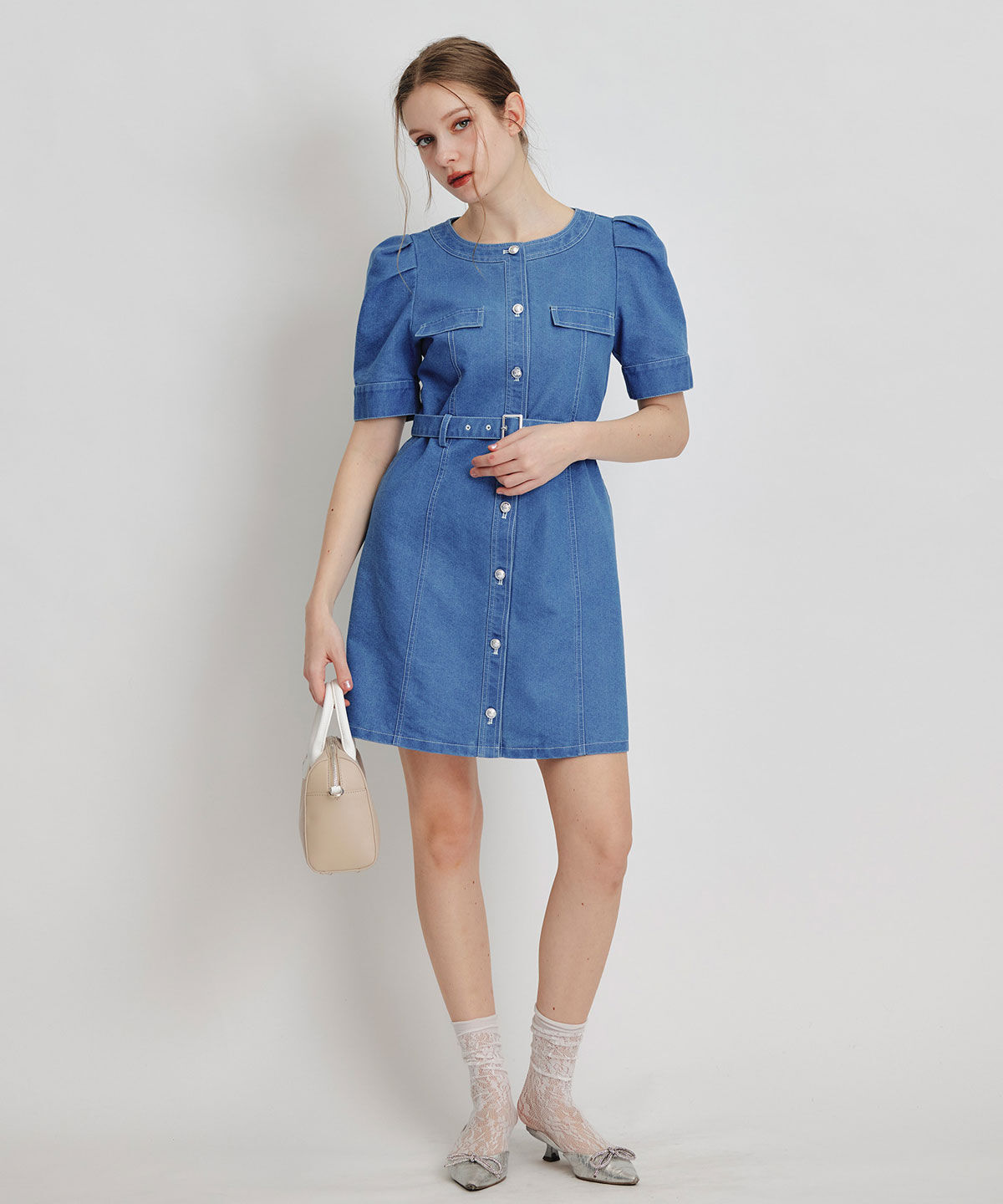 REDYAZEL「バイカラーステッチノーカラーデニムフレアミニワンピース」|ワンピース|