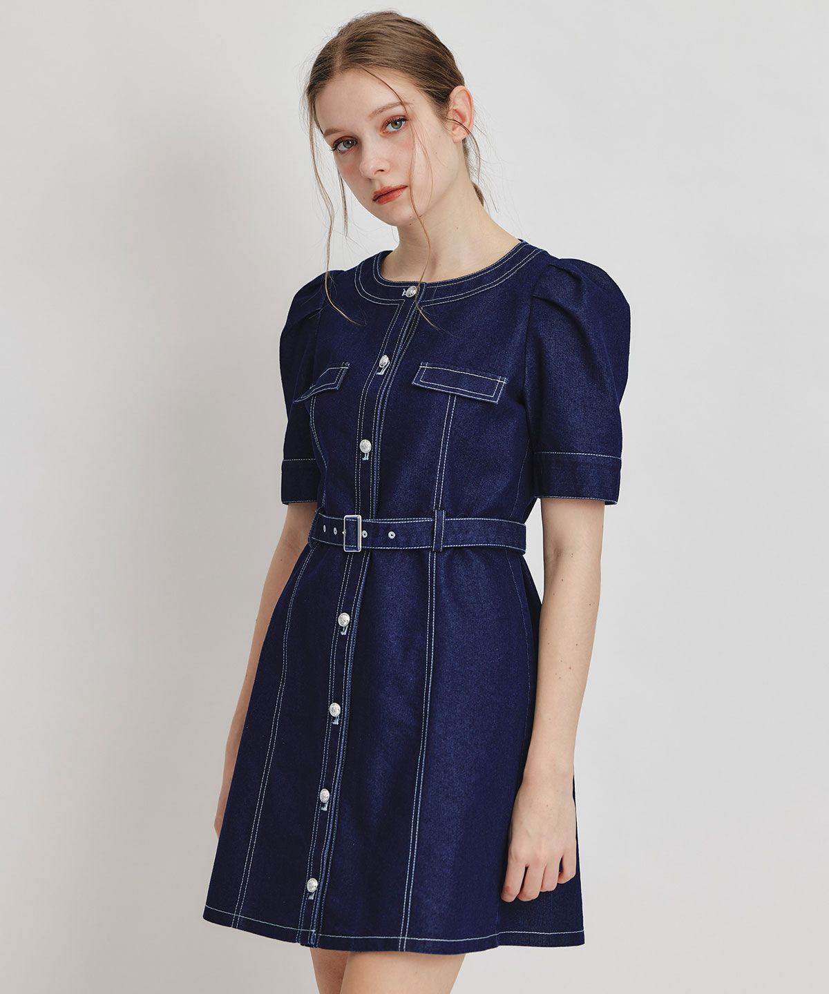 REDYAZEL「バイカラーステッチノーカラーデニムフレアミニワンピース」|ワンピース|ネイビー