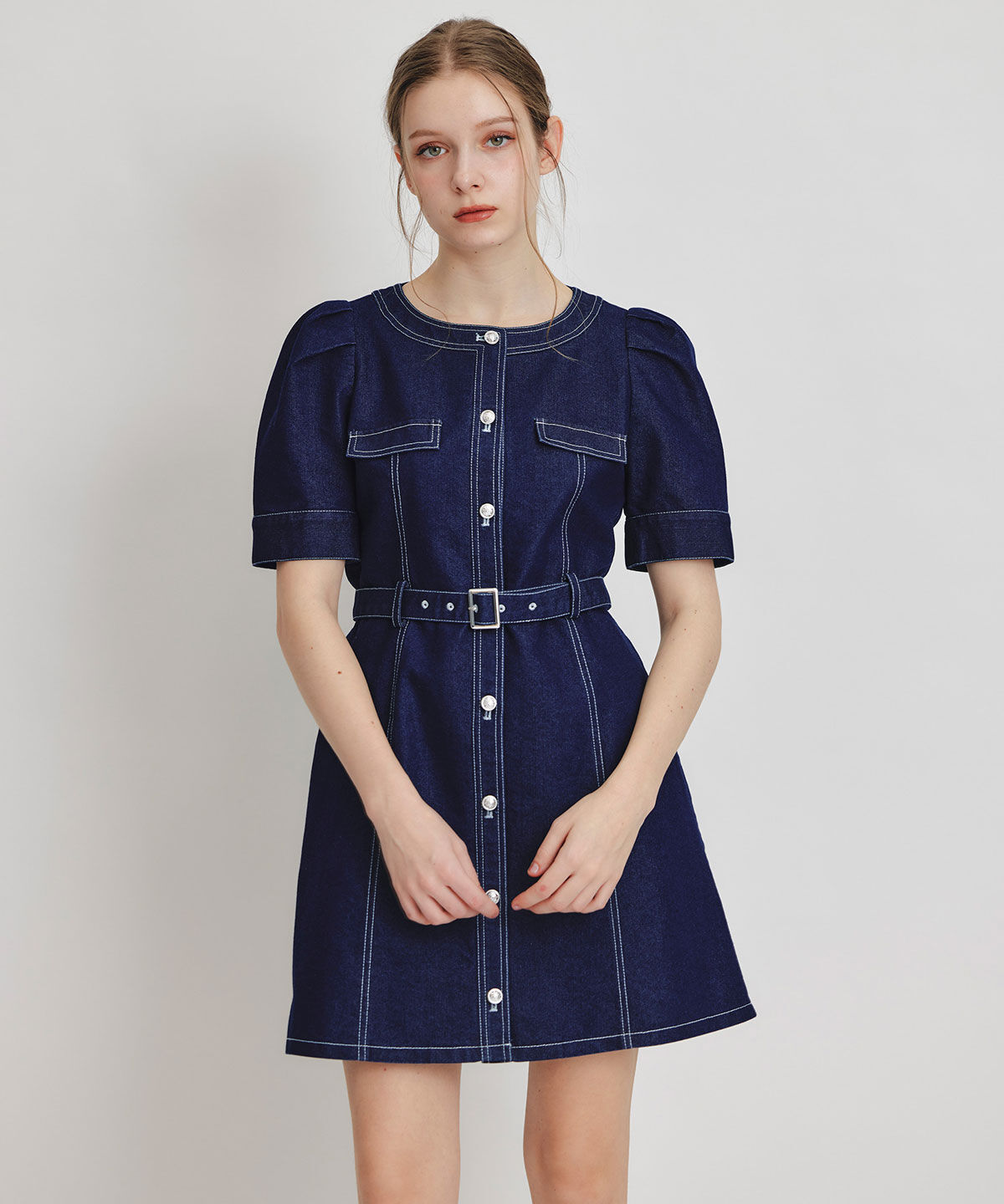 REDYAZEL「バイカラーステッチノーカラーデニムフレアミニワンピース」|ワンピース|