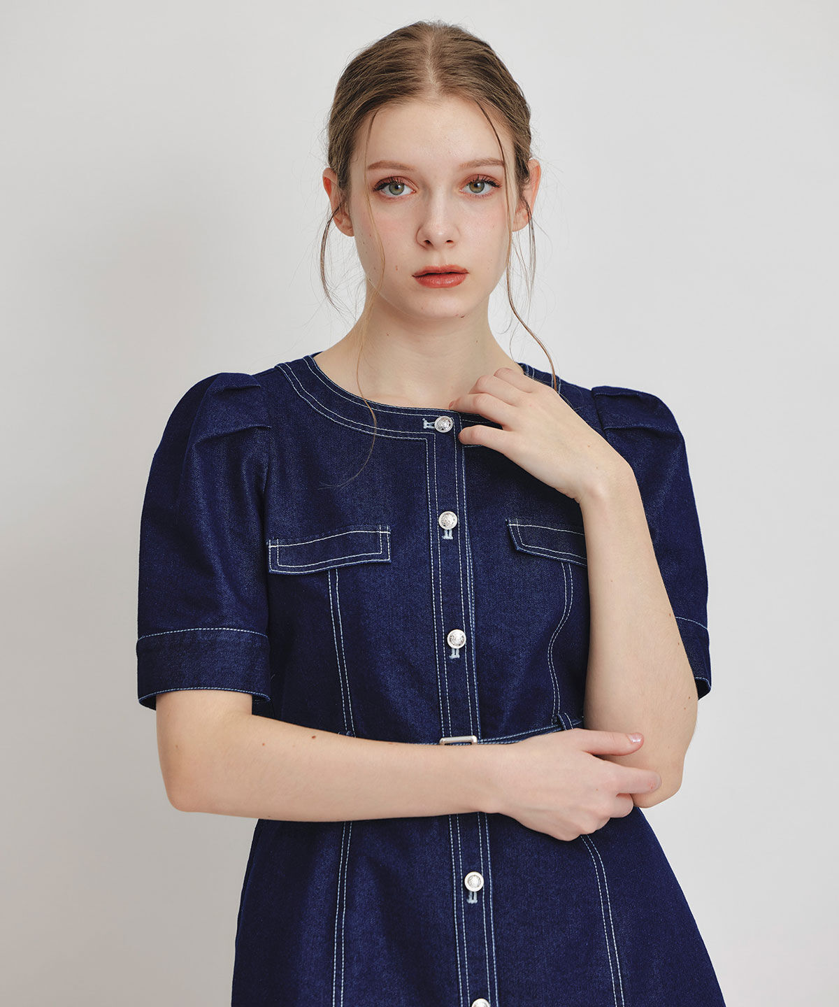 REDYAZEL「バイカラーステッチノーカラーデニムフレアミニワンピース」|ワンピース|