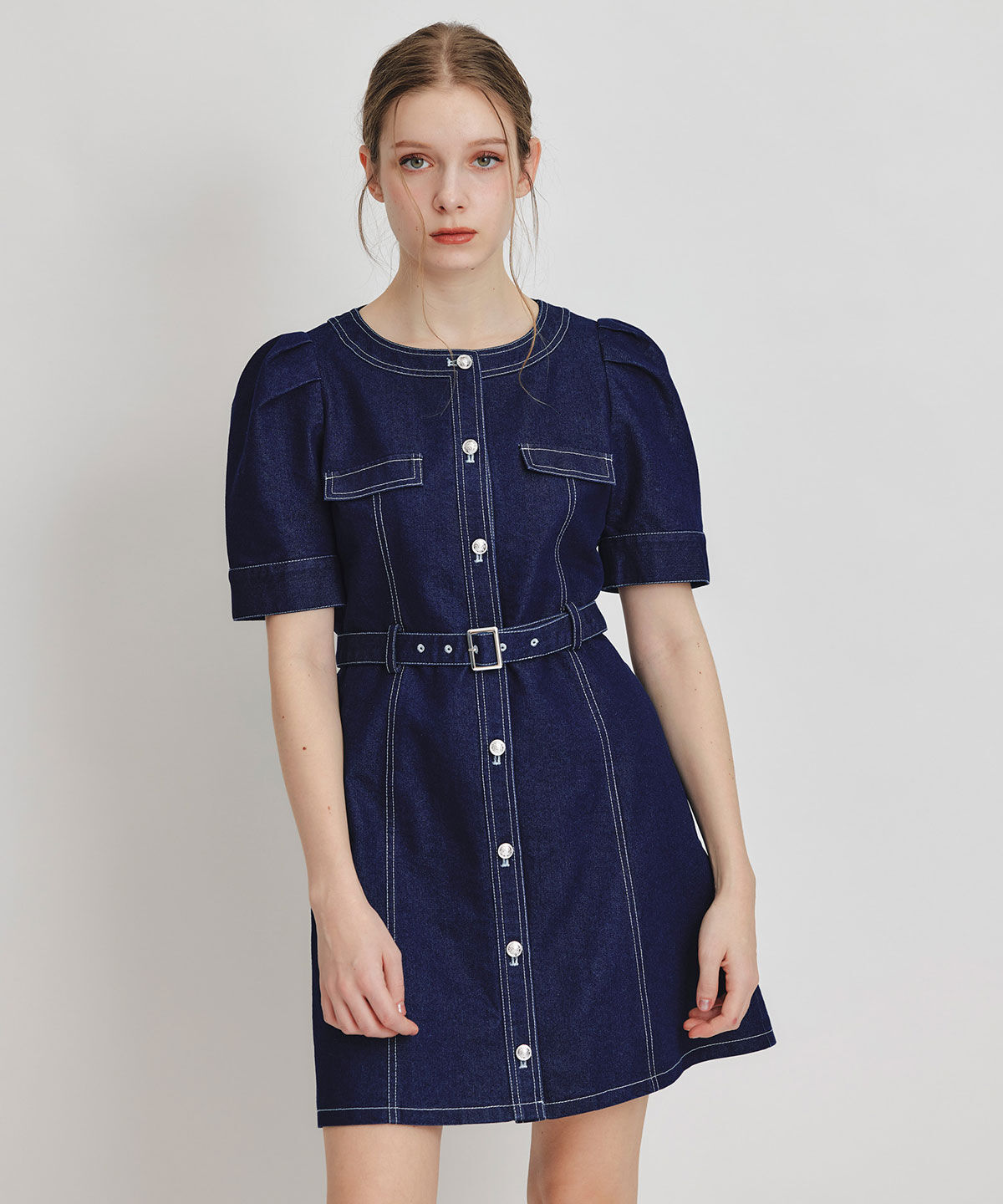 REDYAZEL「バイカラーステッチノーカラーデニムフレアミニワンピース」|ワンピース|