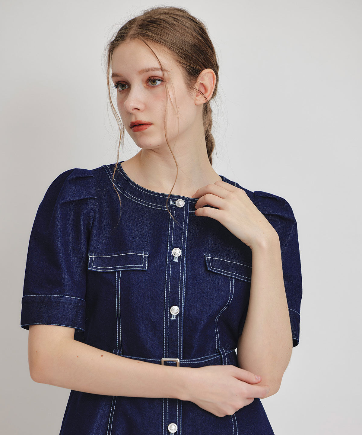 REDYAZEL「バイカラーステッチノーカラーデニムフレアミニワンピース」|ワンピース|