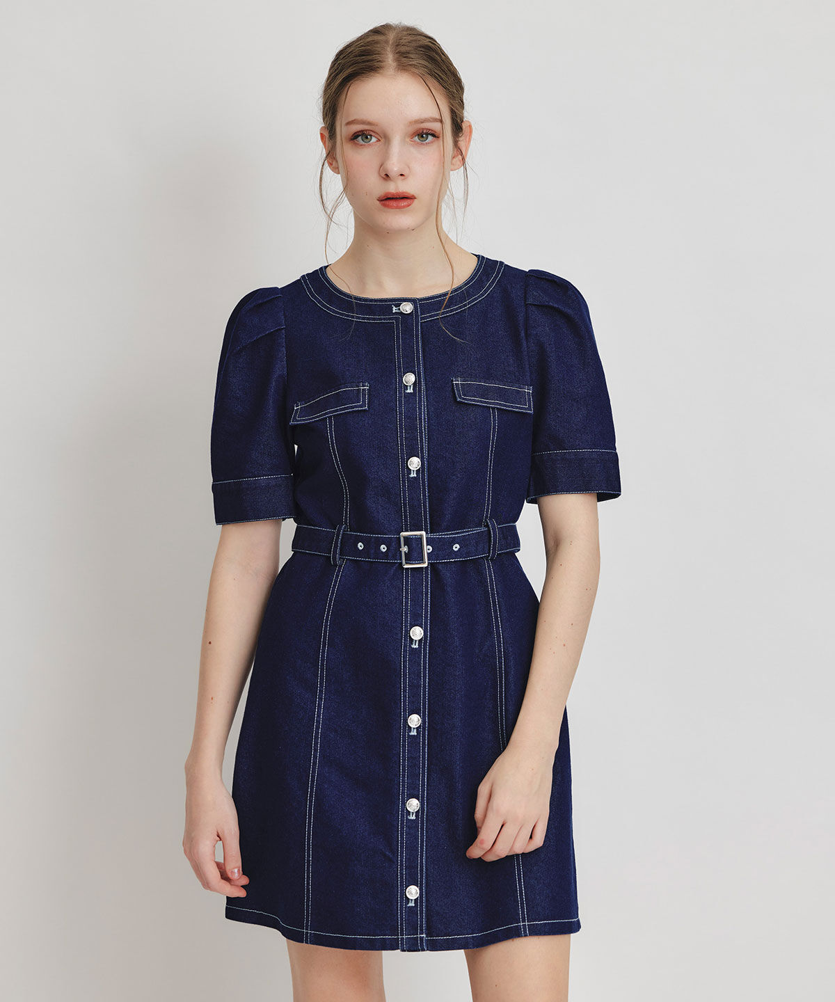 REDYAZEL「バイカラーステッチノーカラーデニムフレアミニワンピース」|ワンピース|