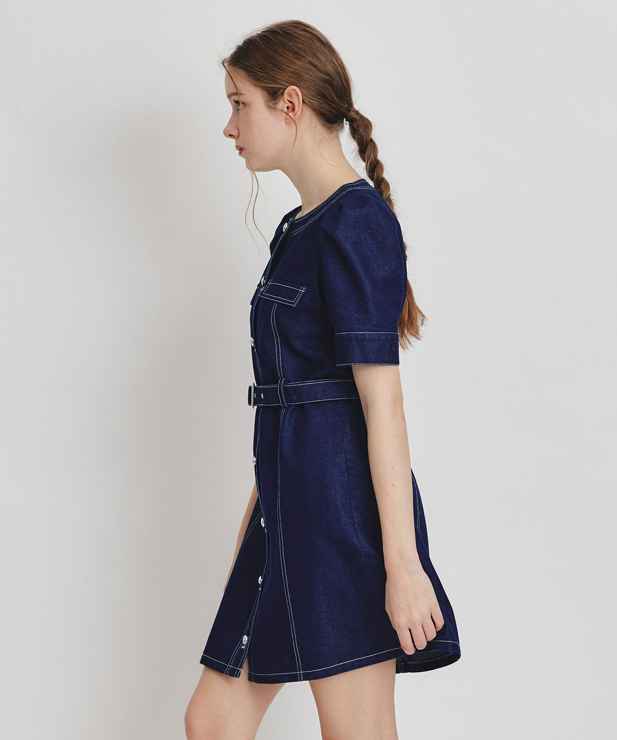 REDYAZEL「バイカラーステッチノーカラーデニムフレアミニワンピース」|ワンピース|