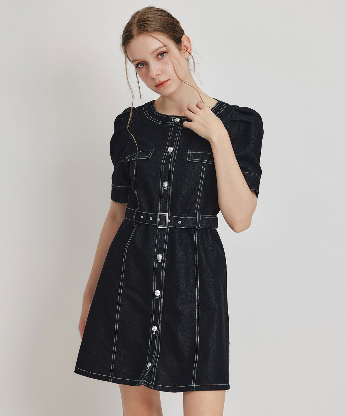 REDYAZEL「バイカラーステッチノーカラーデニムフレアミニワンピース」|ワンピース|ブラック