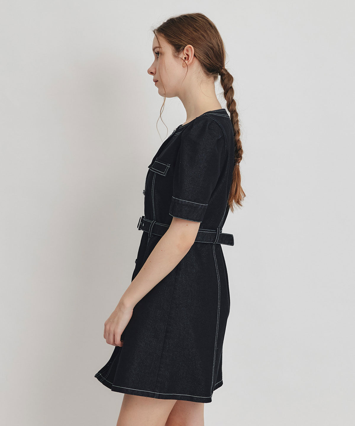 REDYAZEL「バイカラーステッチノーカラーデニムフレアミニワンピース」|ワンピース|