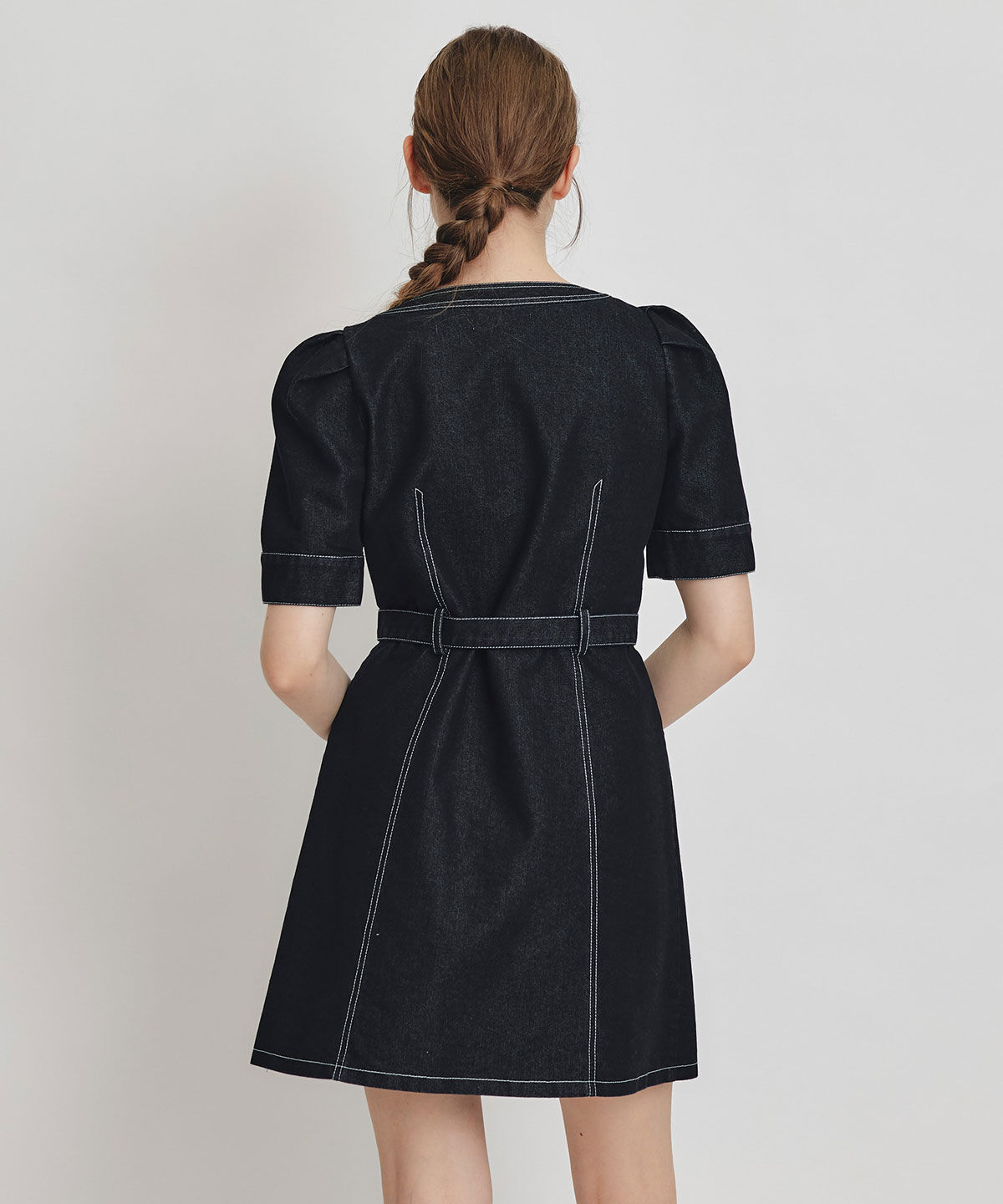 REDYAZEL「バイカラーステッチノーカラーデニムフレアミニワンピース」|ワンピース|