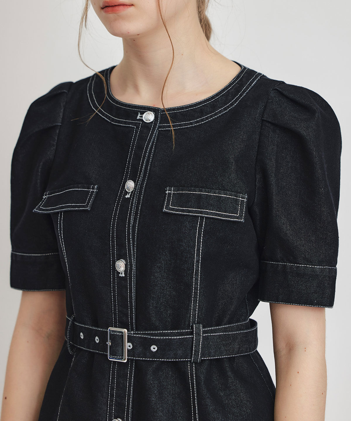 REDYAZEL「バイカラーステッチノーカラーデニムフレアミニワンピース」|ワンピース|