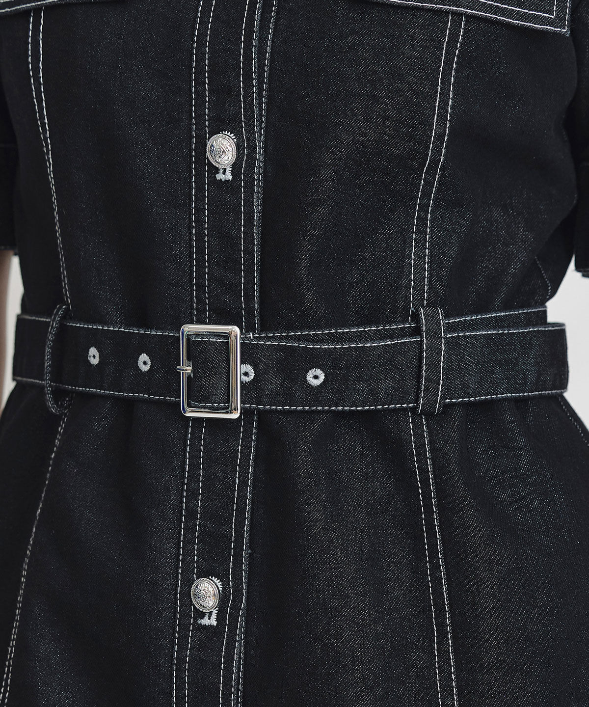 REDYAZEL「バイカラーステッチノーカラーデニムフレアミニワンピース」|ワンピース|