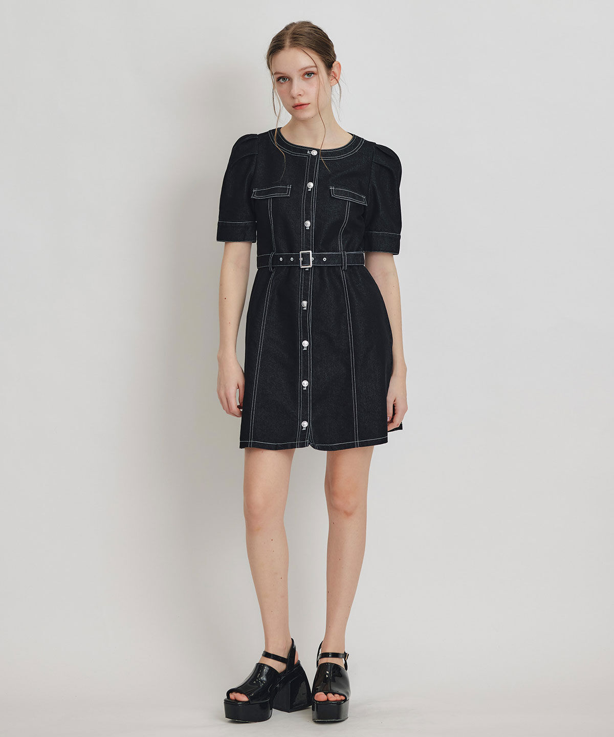 REDYAZEL「バイカラーステッチノーカラーデニムフレアミニワンピース」|ワンピース|