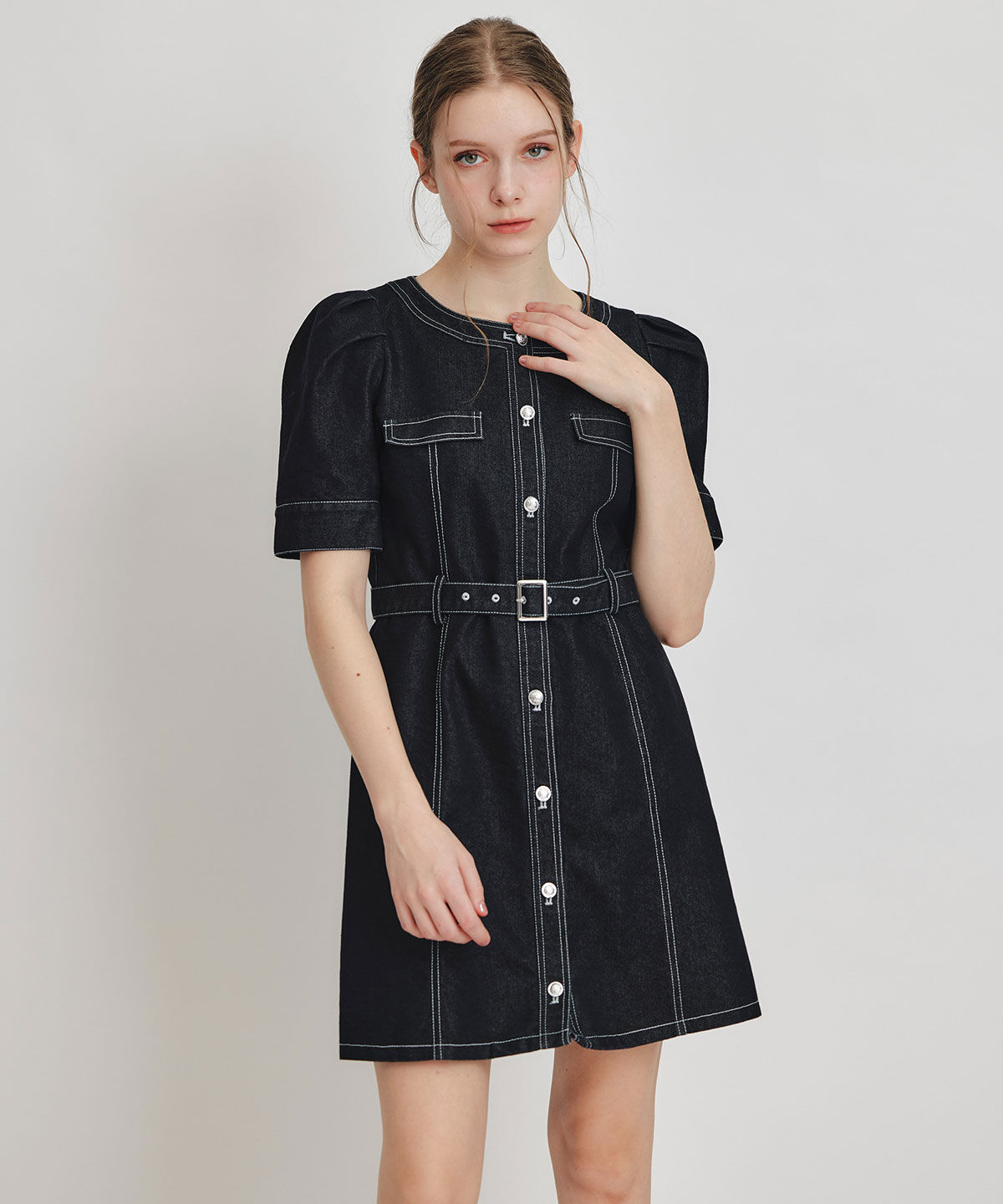 REDYAZEL「バイカラーステッチノーカラーデニムフレアミニワンピース」|ワンピース|