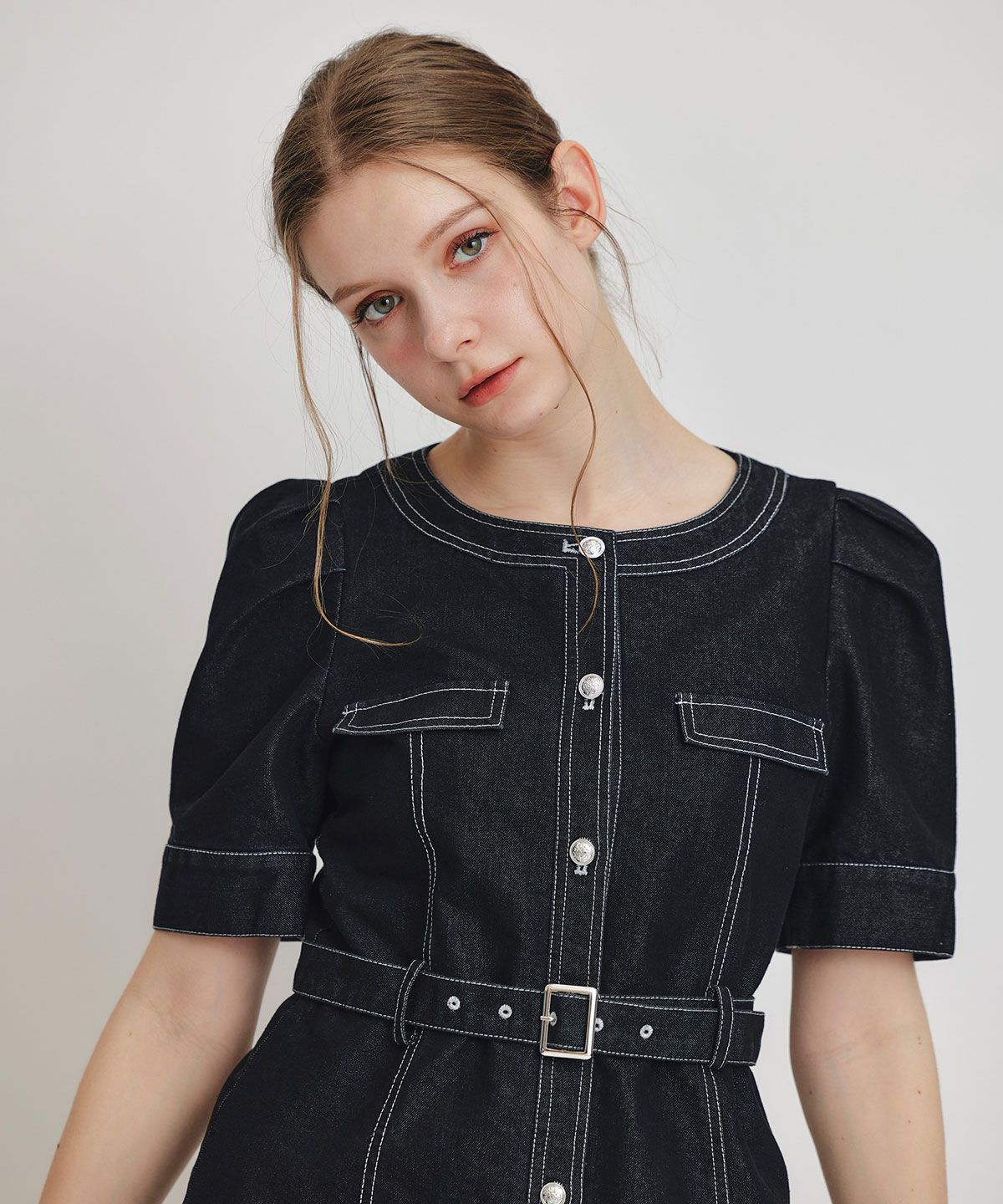 REDYAZEL「バイカラーステッチノーカラーデニムフレアミニワンピース」|ワンピース|