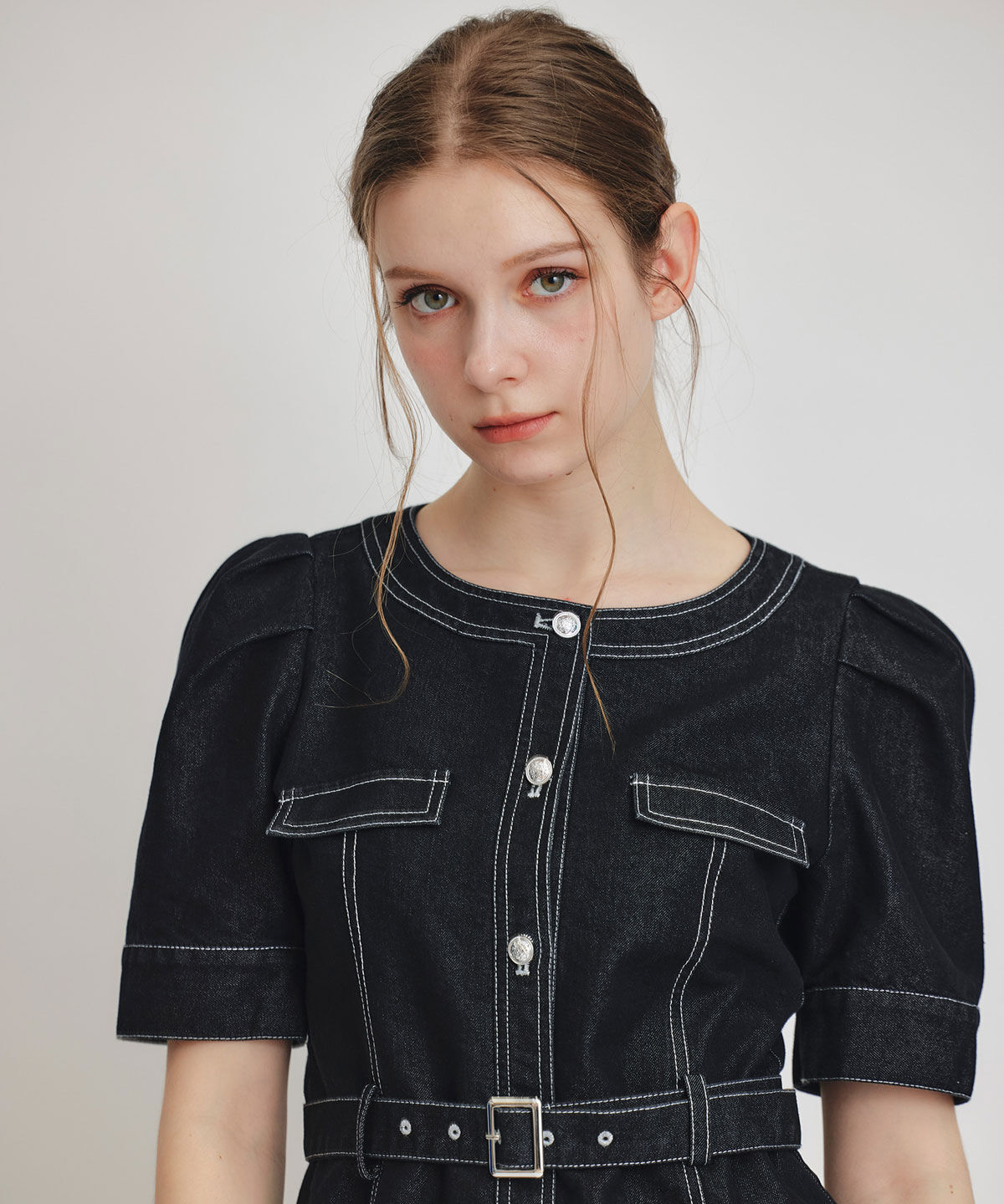 REDYAZEL「バイカラーステッチノーカラーデニムフレアミニワンピース」|ワンピース|