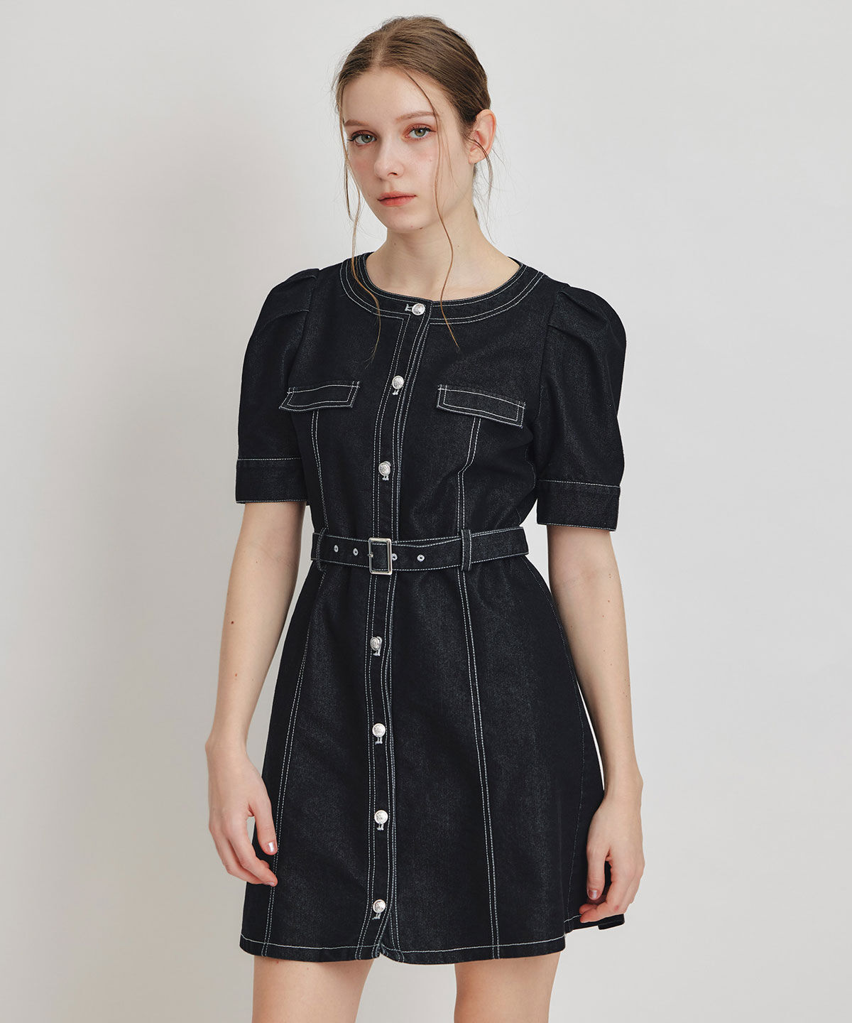 REDYAZEL「バイカラーステッチノーカラーデニムフレアミニワンピース」|ワンピース|