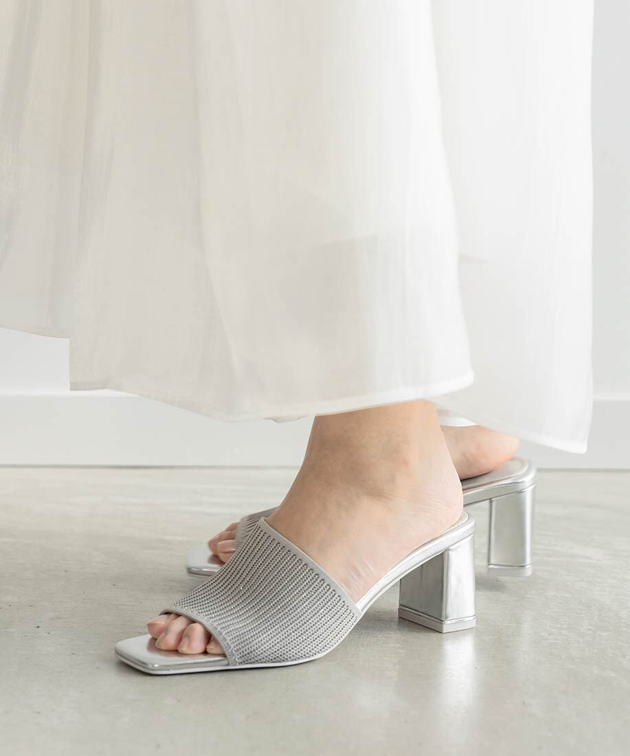  「【SUSTAINABLE】アシンメトリーニットミュールサンダル」|パンプス|