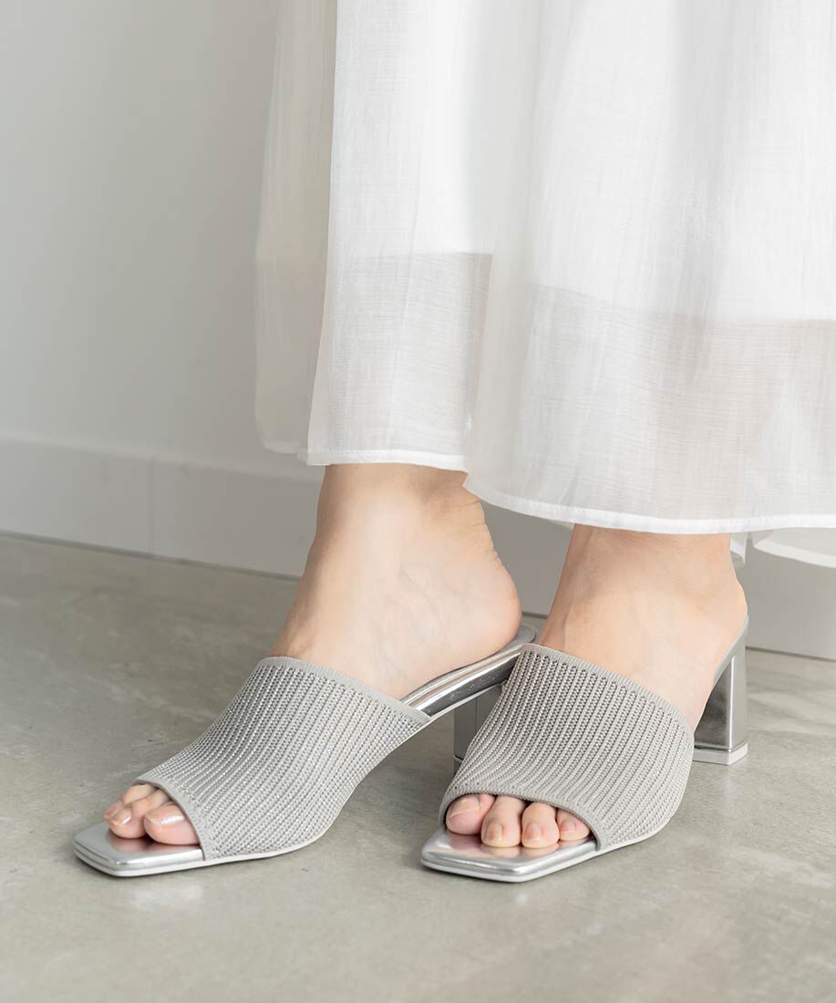  「【SUSTAINABLE】アシンメトリーニットミュールサンダル」|パンプス|