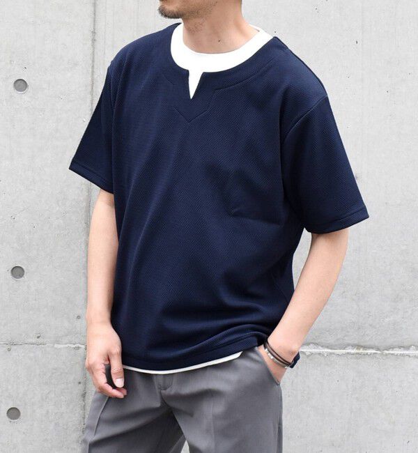 SHIPS any「【WEB限定】SHIPS any: キーネック ジャカード フェイクレイヤード Tシャツ◇」|Tシャツ・カットソー|