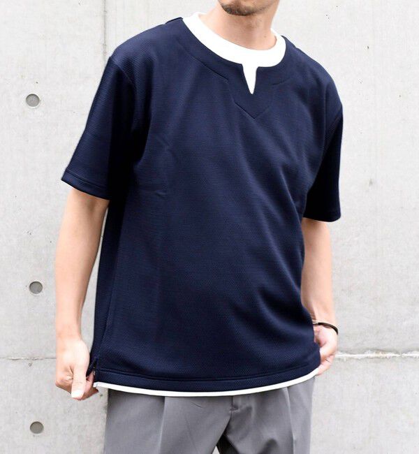 SHIPS any「【WEB限定】SHIPS any: キーネック ジャカード フェイクレイヤード Tシャツ◇」|Tシャツ・カットソー|