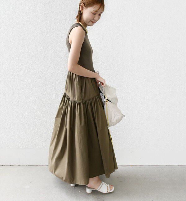 SHIPS for women「〈手洗い可能〉コットン リブ ノースリーブ &times; 布帛 スカート ワンピース」|ワンピース|オリーブ