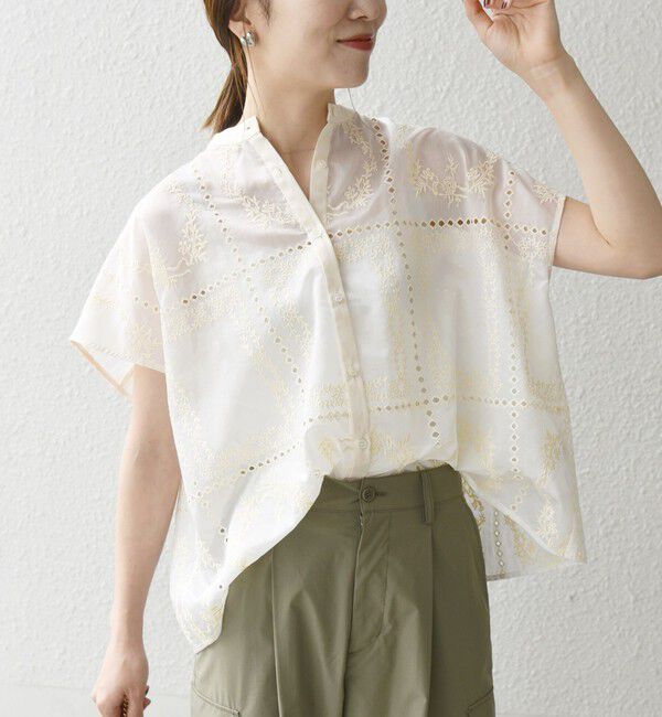 SHIPS any「《一部追加予約》SHIPS any:〈手洗い可能〉エンブロイダリー レース シアー フレンチスリーブ シャツ」|シャツ・ブラウス|