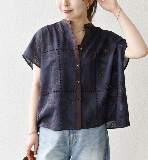 SHIPS any「《一部追加予約》SHIPS any:〈手洗い可能〉エンブロイダリー レース シアー フレンチスリーブ シャツ」|シャツ・ブラウス|